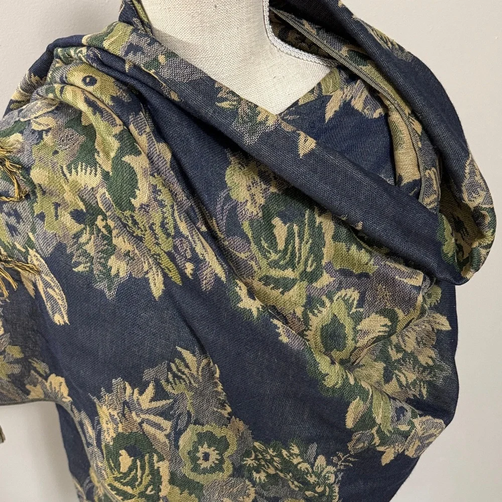 Floral Jacquard Wrap Shawl‎ in Navy and Olive